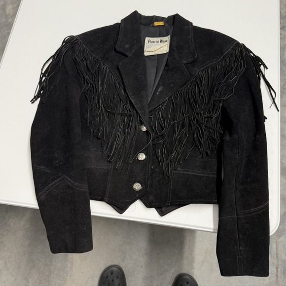 Pioneer Wear Jackets & Blazers - Pioneer Wear Black Suede Fringe Western Jacket Vintage Cropped Concho Button S